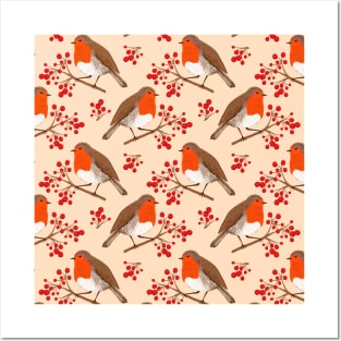 European Robin Bird Pattern Posters and Art